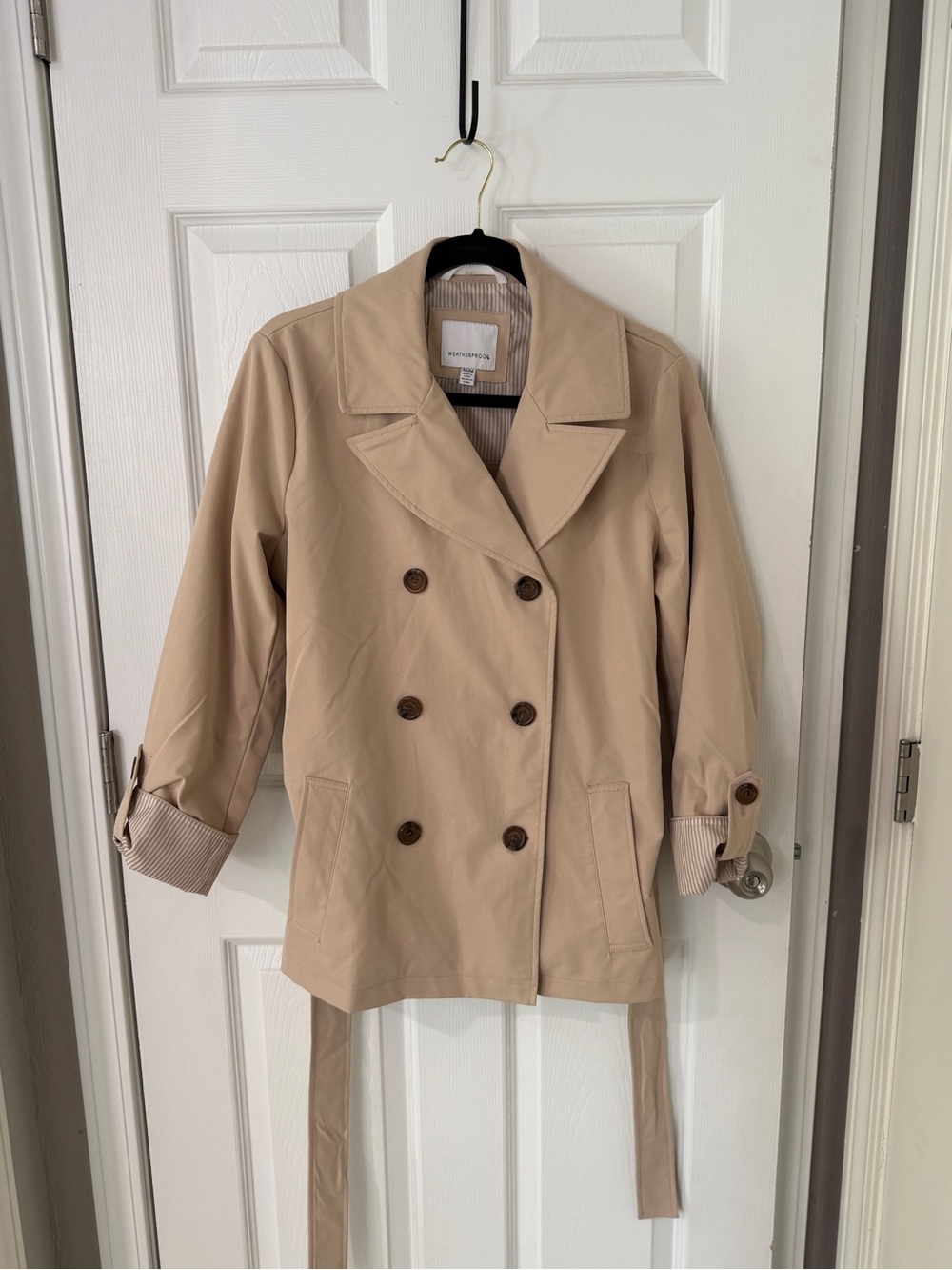 Beige Double-Breasted Belted Trench Coat - Picture 7 of 10